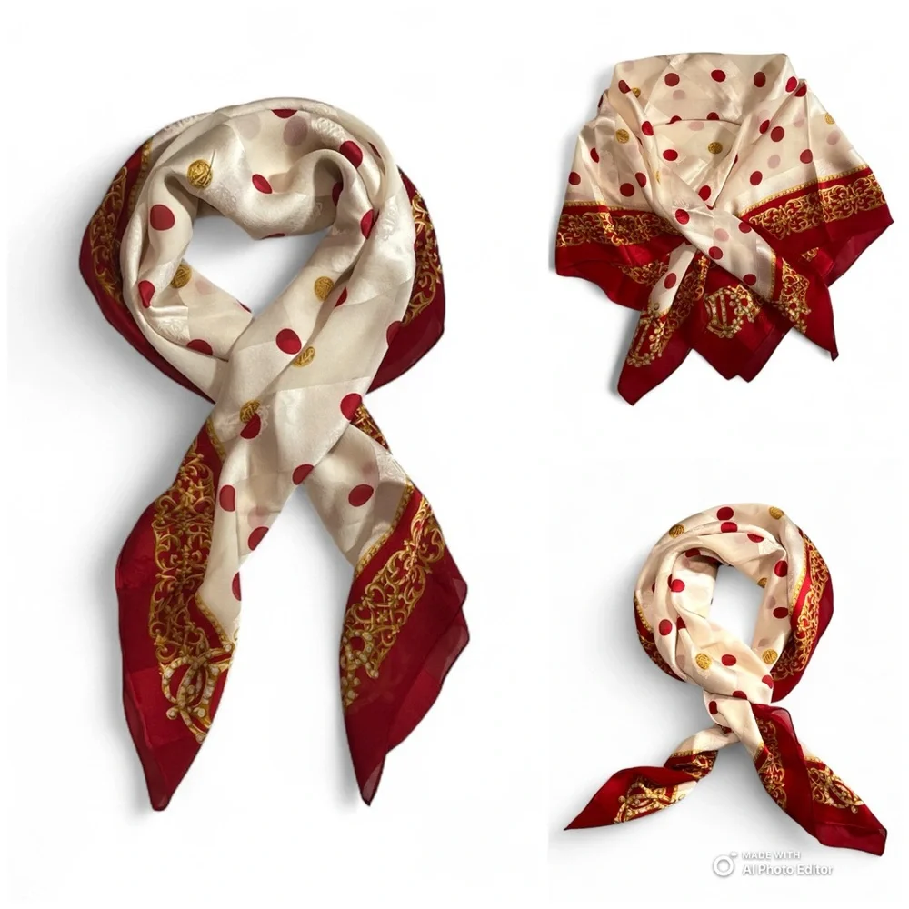 VTG Christian Dior Silk Chiffon Scarf Red White Gold Polka Dot Filigree 32x32